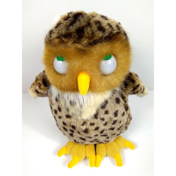Vintage Eyenimal 9" Brown Mottled Owl Plushie With Big Green Moving Eyes - Picture 1 of 9